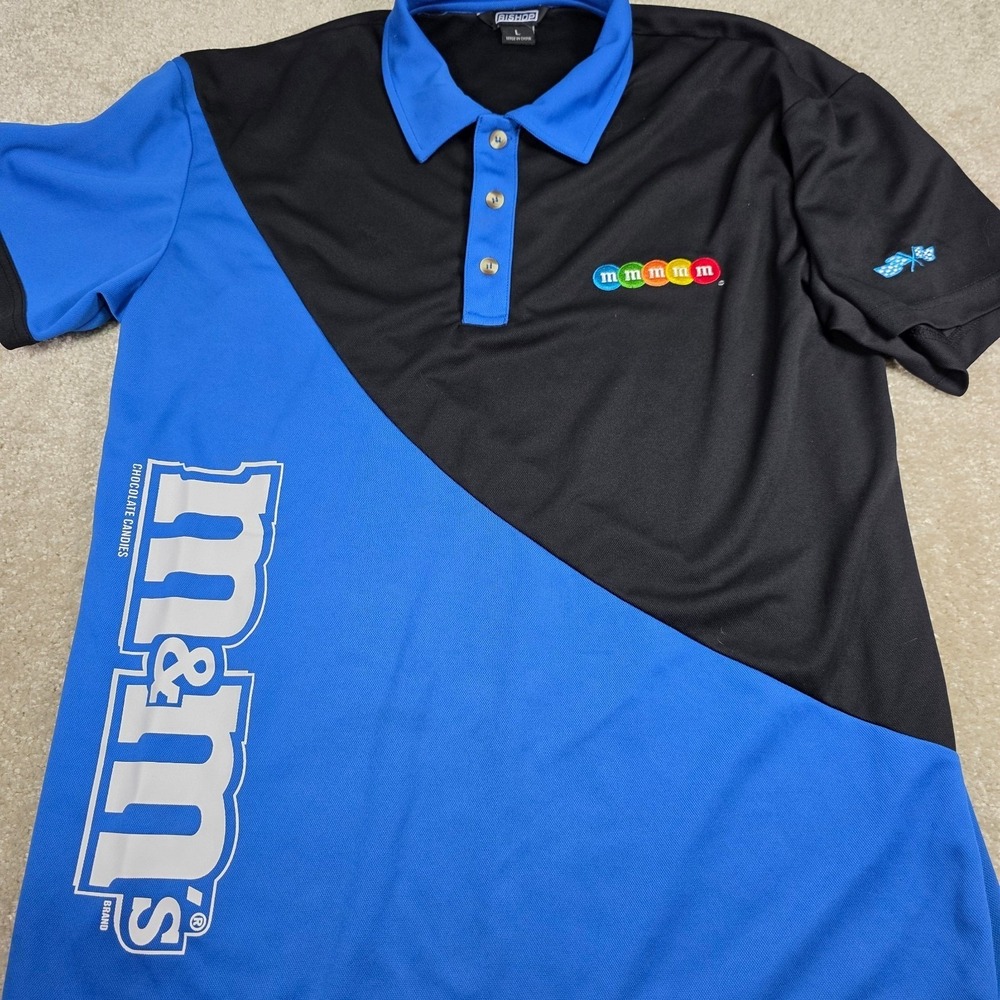 Bishop M&M's Polo Shirt Mens Large Blue Black Racing Graphic Polyester Short Slv